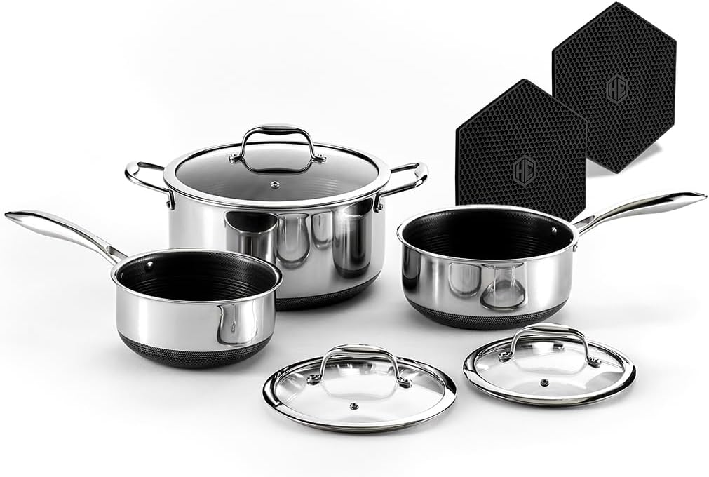 Hybrid Nonstick 6-Piece Pot Set with 2 Silicone Trivets, 2, 3, and 8-Quart Pots with Tempered Glass Lids, Stay-Cool Handles, Dishwasher-Friendly, Induction Ready, Compatible with All Cooktops